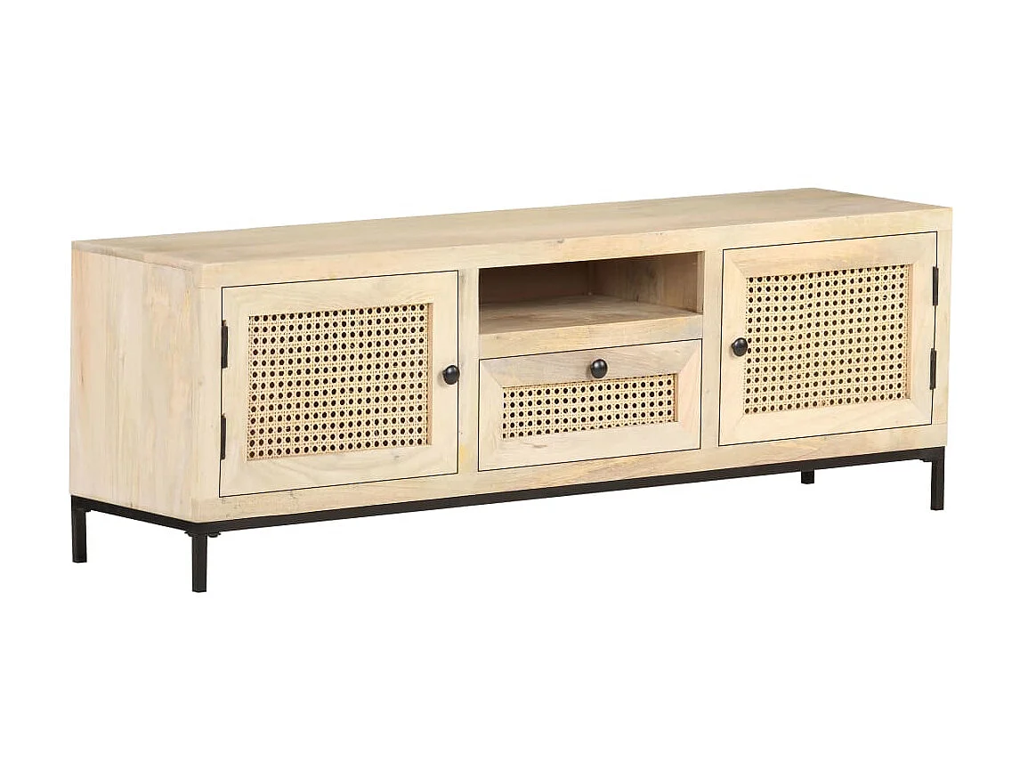Meuble TV 120x30x40 cm Bois de manguier et canne naturelle