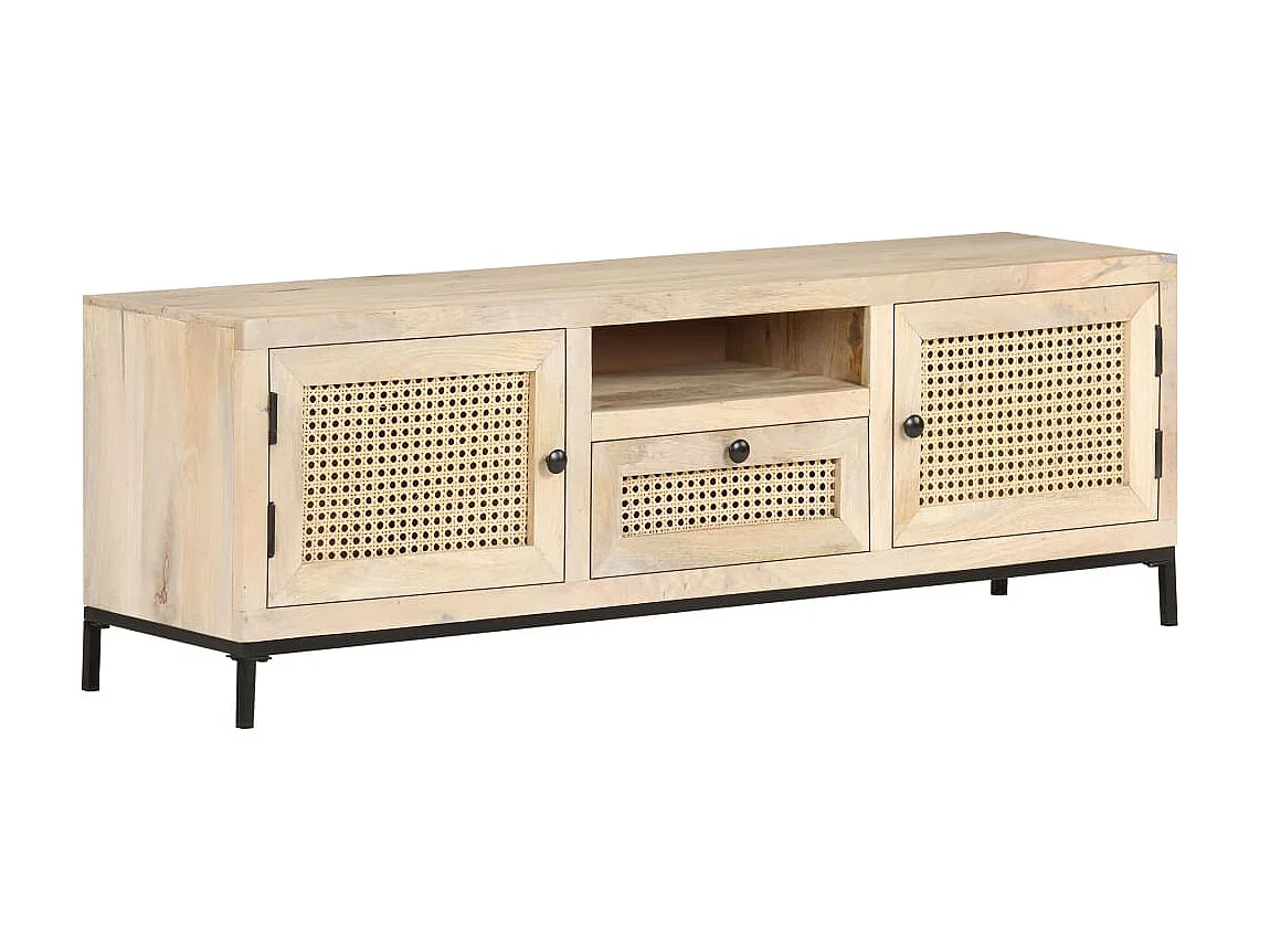 Meuble TV 120x30x40 cm Bois de manguier et canne naturelle