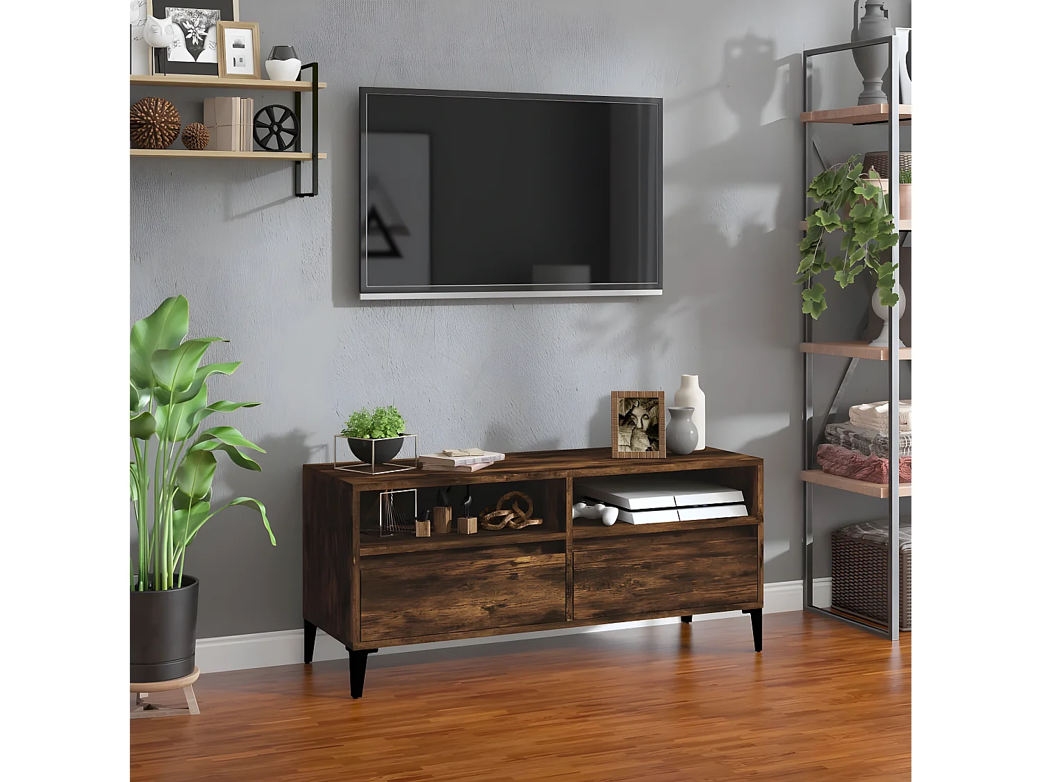 Meuble TV chêne fumé 100x34,5x44,5 cm bois d'ingénierie