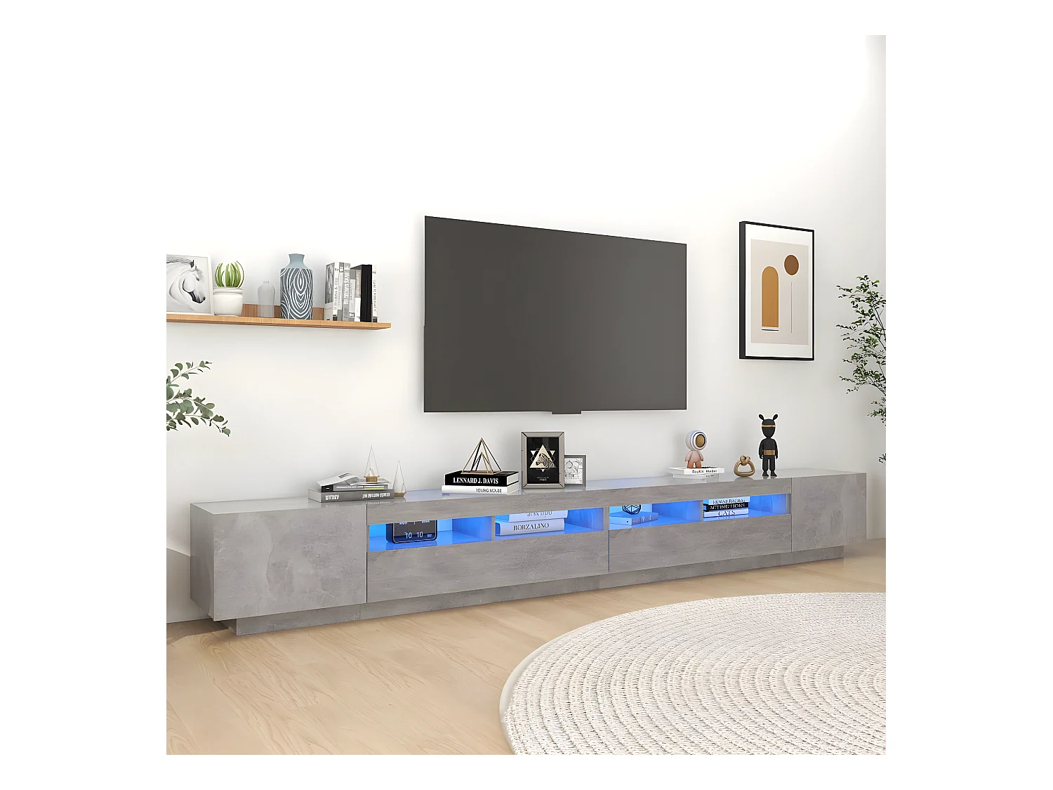 Meuble TV avec lumières LED Gris béton 300x35x40 cm
