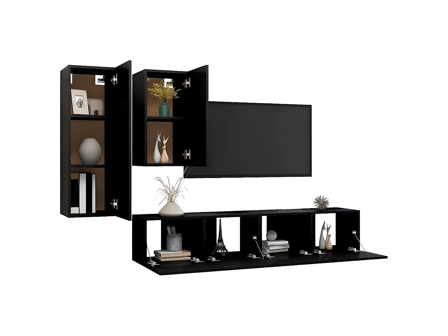 Conjunto de armário de TV 4 unidades em aglomerado preto