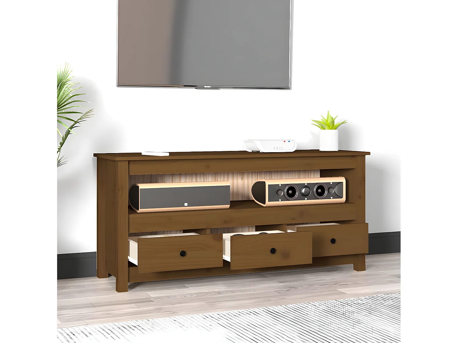 Meuble TV Marron miel 114x35x52 cm Bois de pin massif