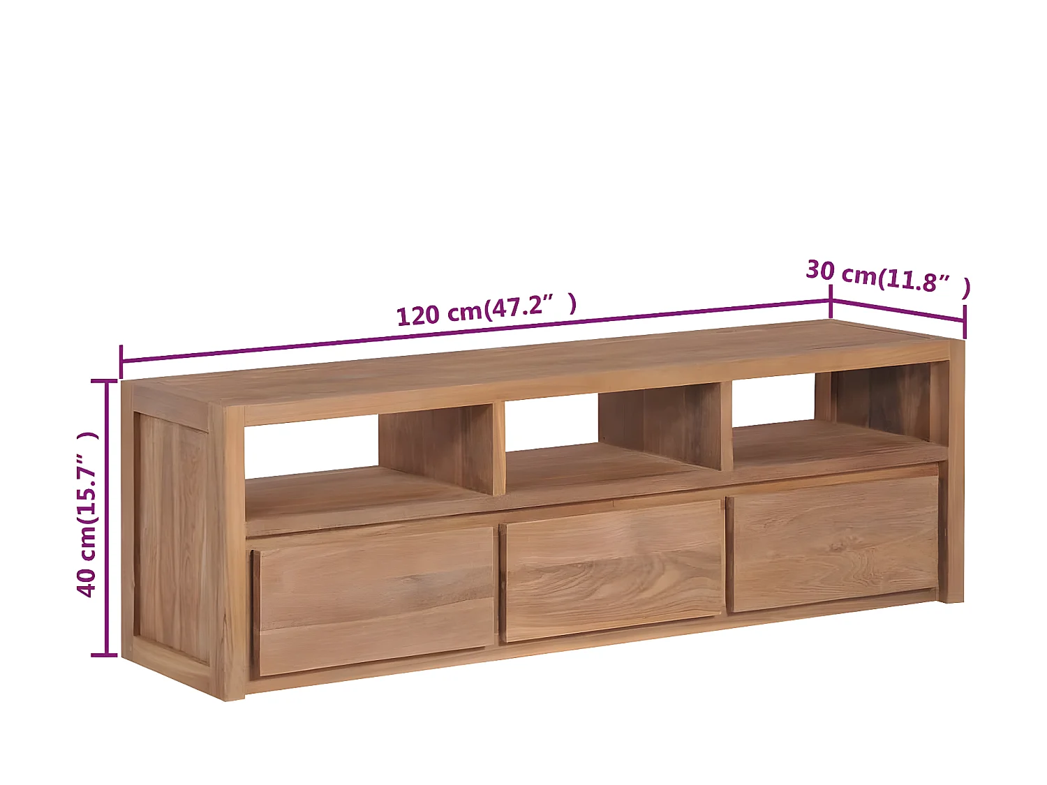 Meuble TV Bois massif de teck et finition naturelle 120x30x40cm