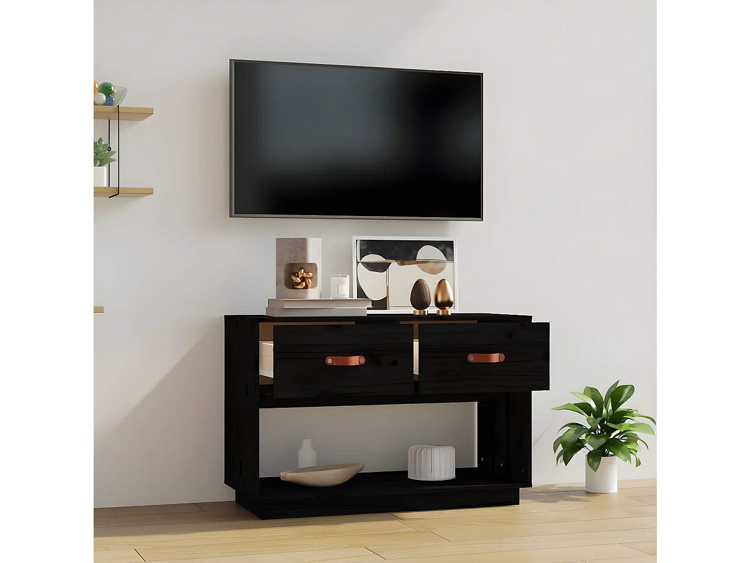 Meuble TV Noir 90x40x60 cm Bois de pin massif