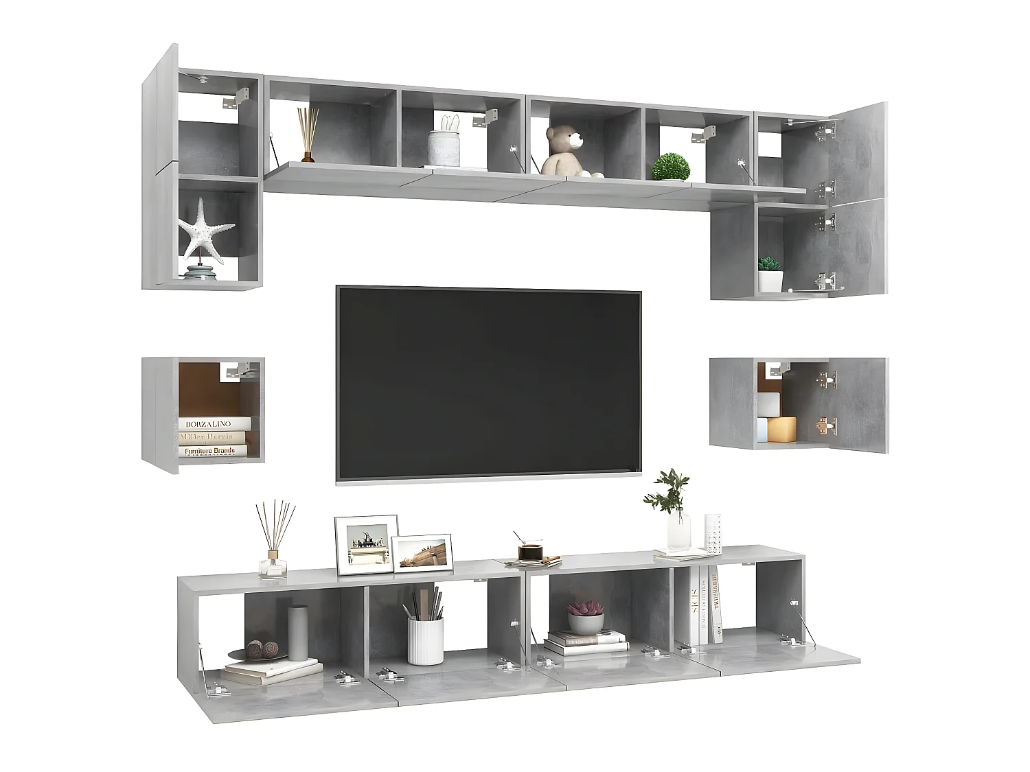 Conjunto mueble TV 8 piezas Aglomerado gris hormigón