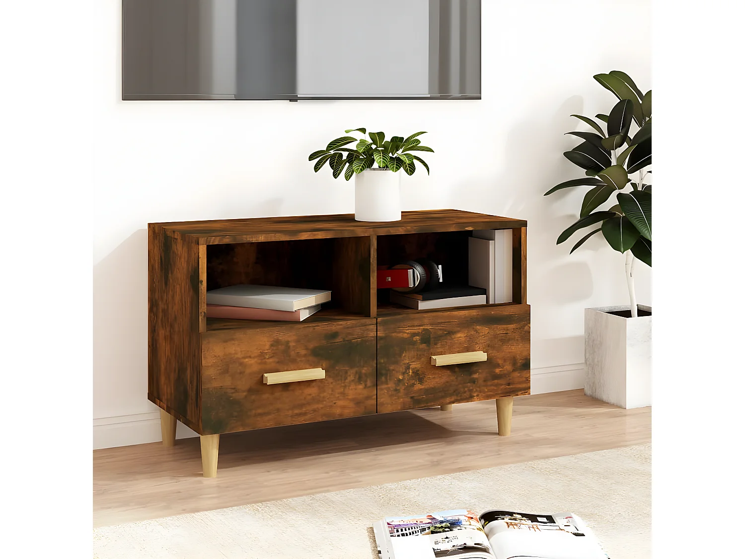 Móvel de TV Carvalho fumado 80x36x50 cm Madeira trabalhada