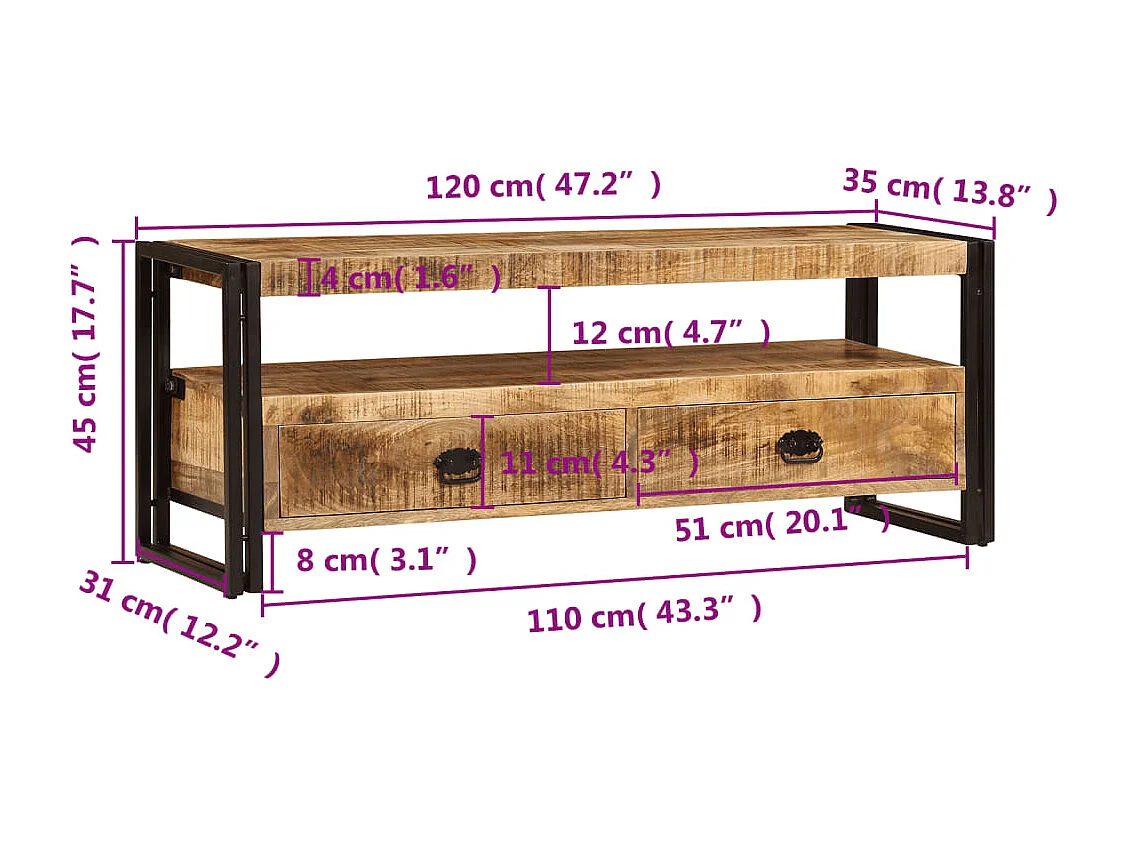 Mueble TV 120x35x45 cm Madera maciza de mango