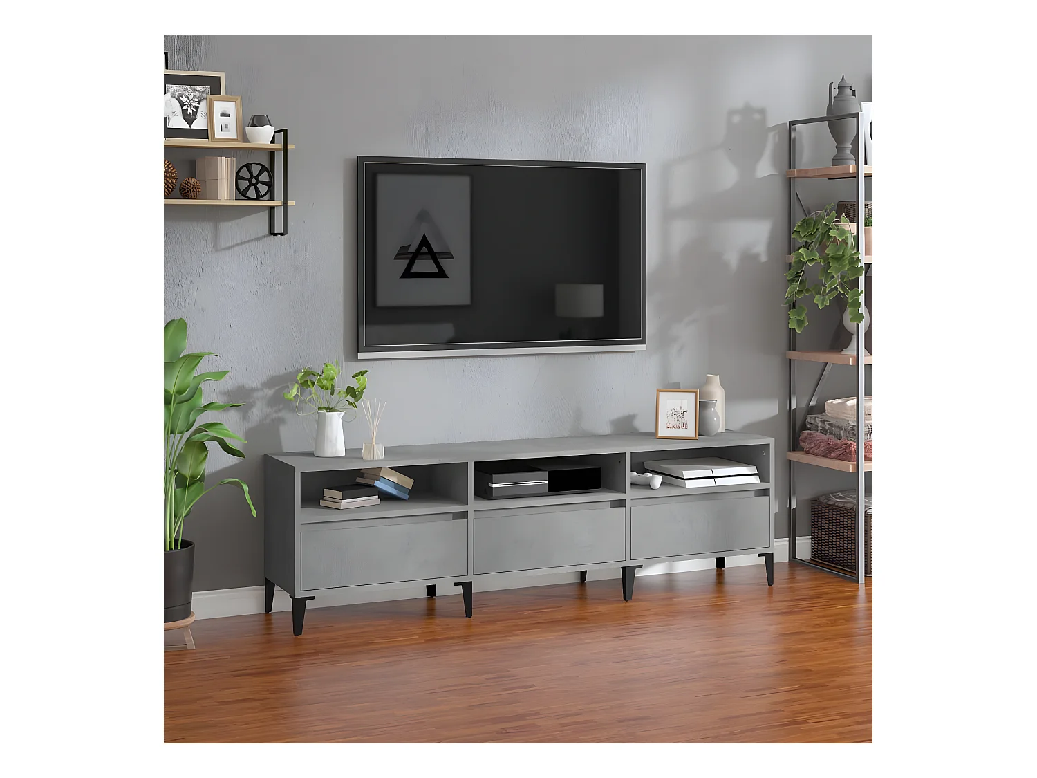 Meuble TV gris béton 150x30x44,5 cm bois d'ingénierie