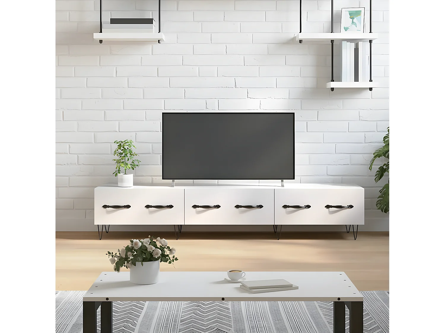 Meuble TV blanc brillant 150x36x30 cm bois d'ingénierie