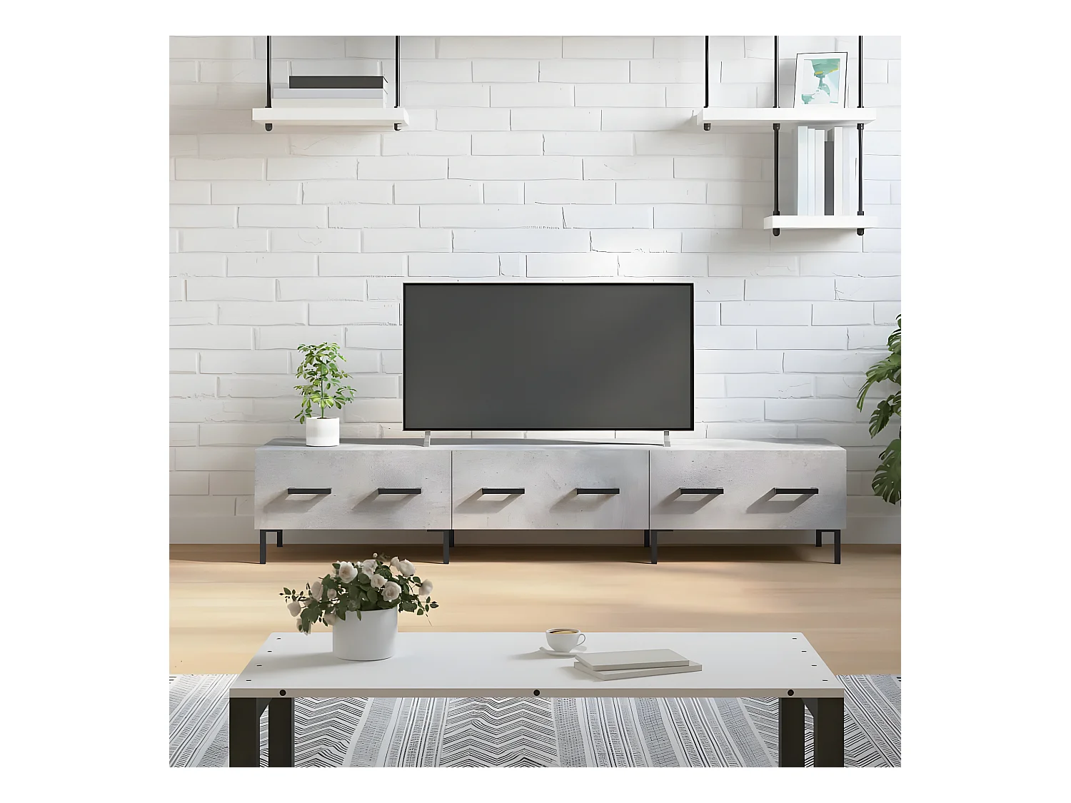 Meuble TV gris béton 150x36x30 cm bois d'ingénierie