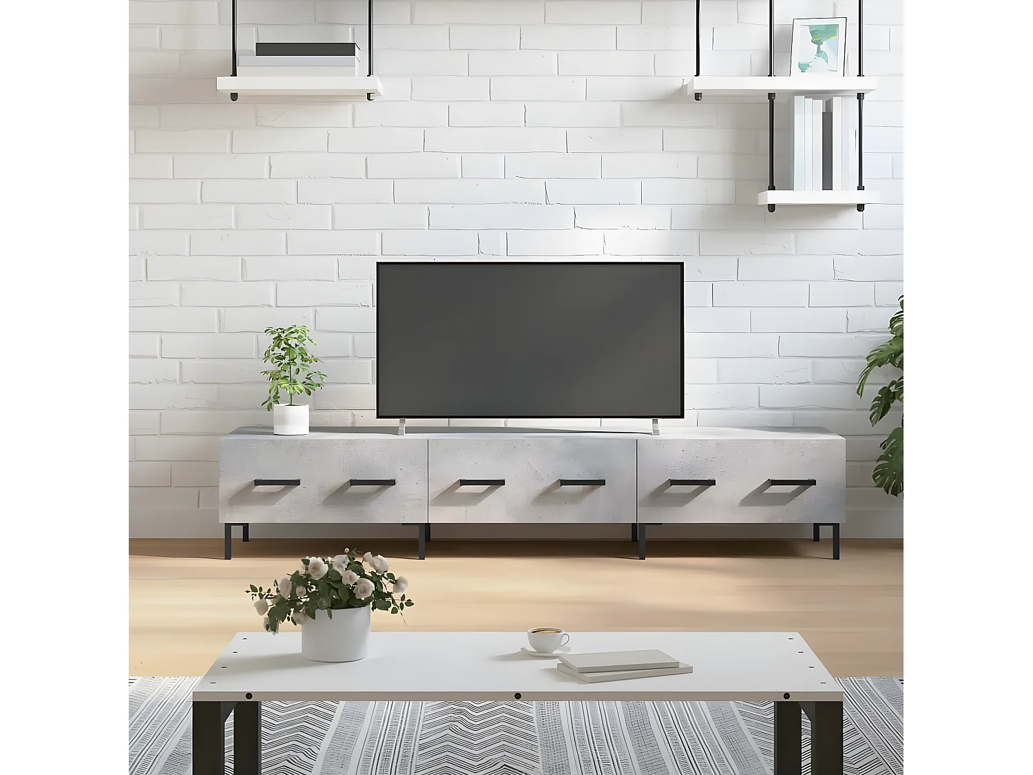 Meuble TV gris béton 150x36x30 cm bois d'ingénierie