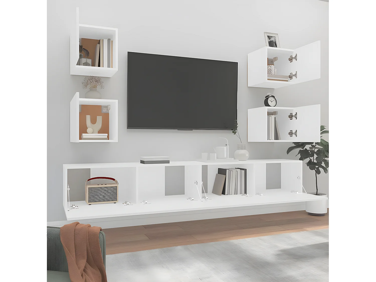 Juego de soporte para TV de 6 piezas de madera de ingeniería blanca