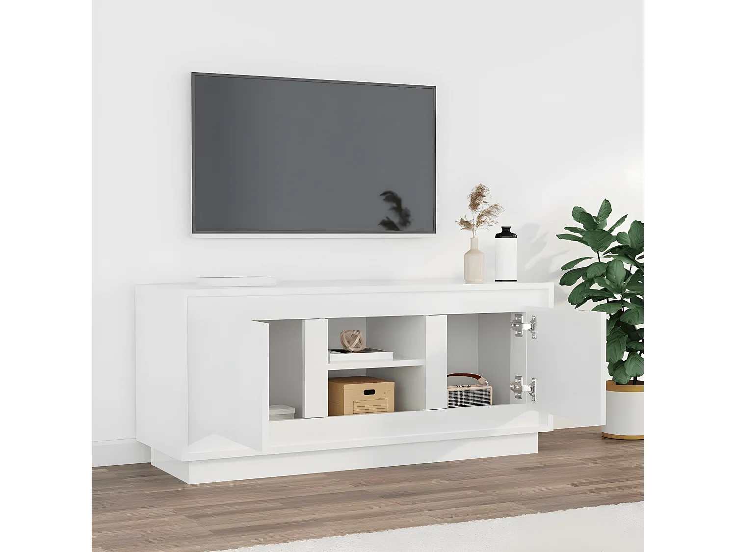 Mueble TV blanco brillo 102x35x45 cm madera contrachapada