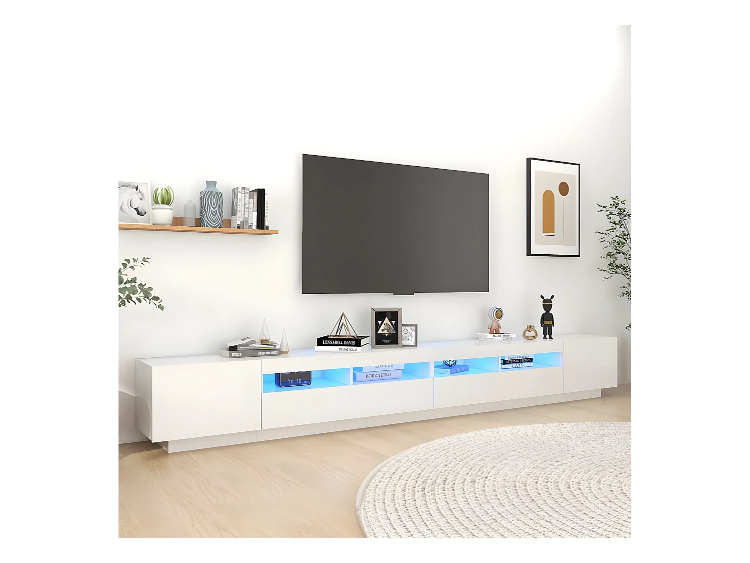 Meuble TV avec lumières LED Blanc brillant 300x35x40 cm
