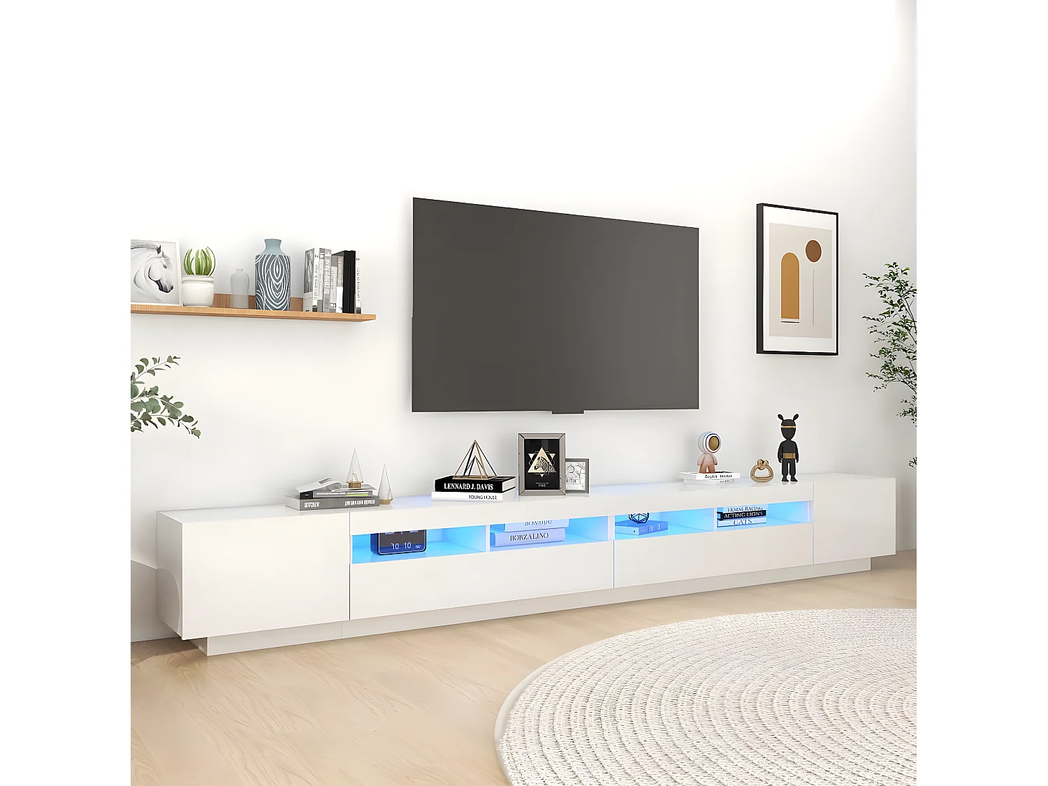 Meuble TV avec lumières LED Blanc brillant 300x35x40 cm