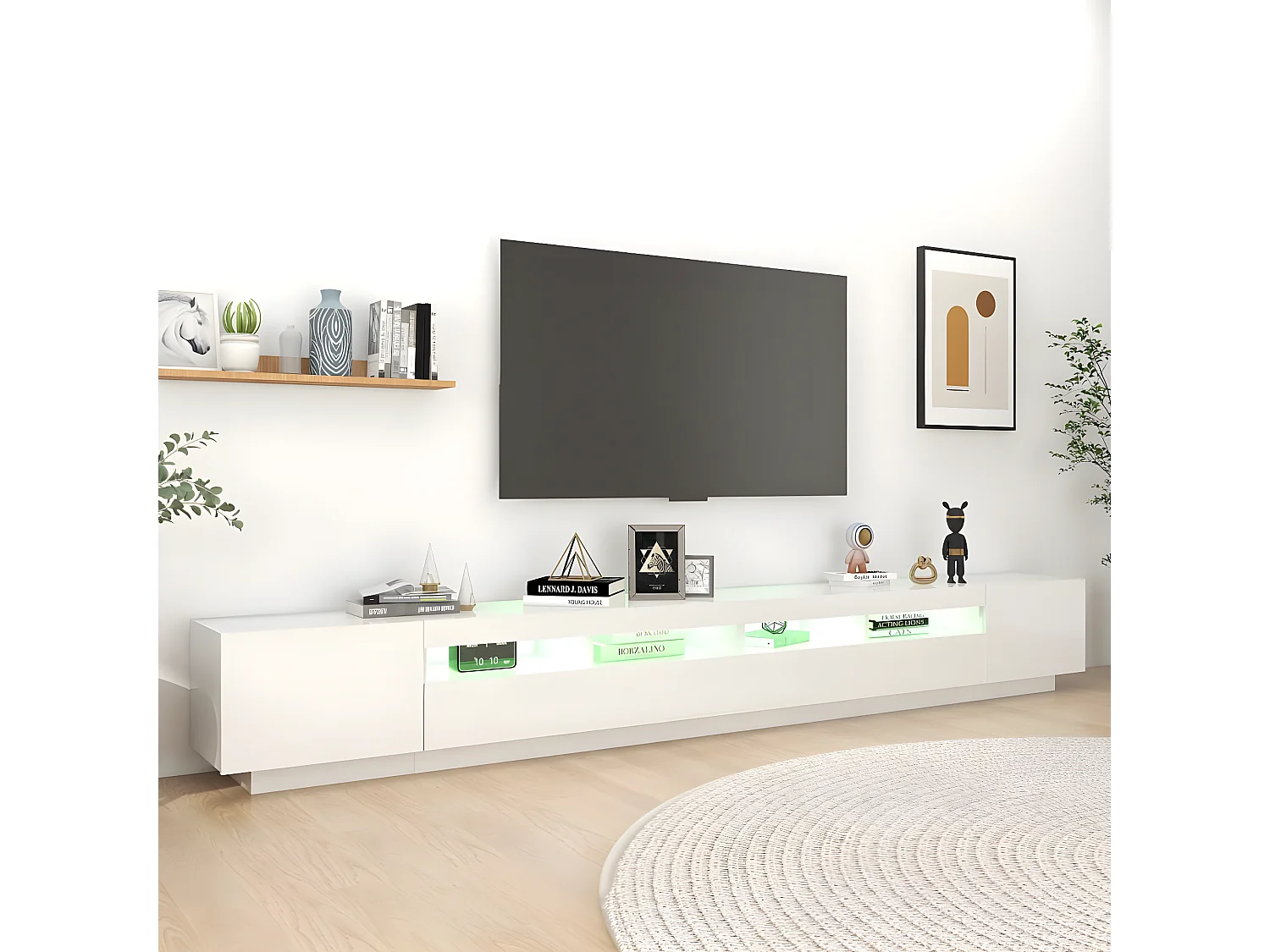 Meuble TV avec lumières LED Blanc brillant 300x35x40 cm