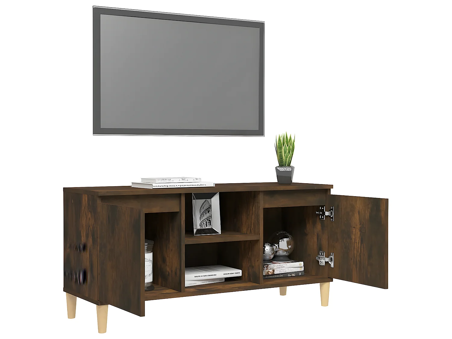 Mueble TV con patas de madera maciza Roble ahumado 103,5x35x50 cm
