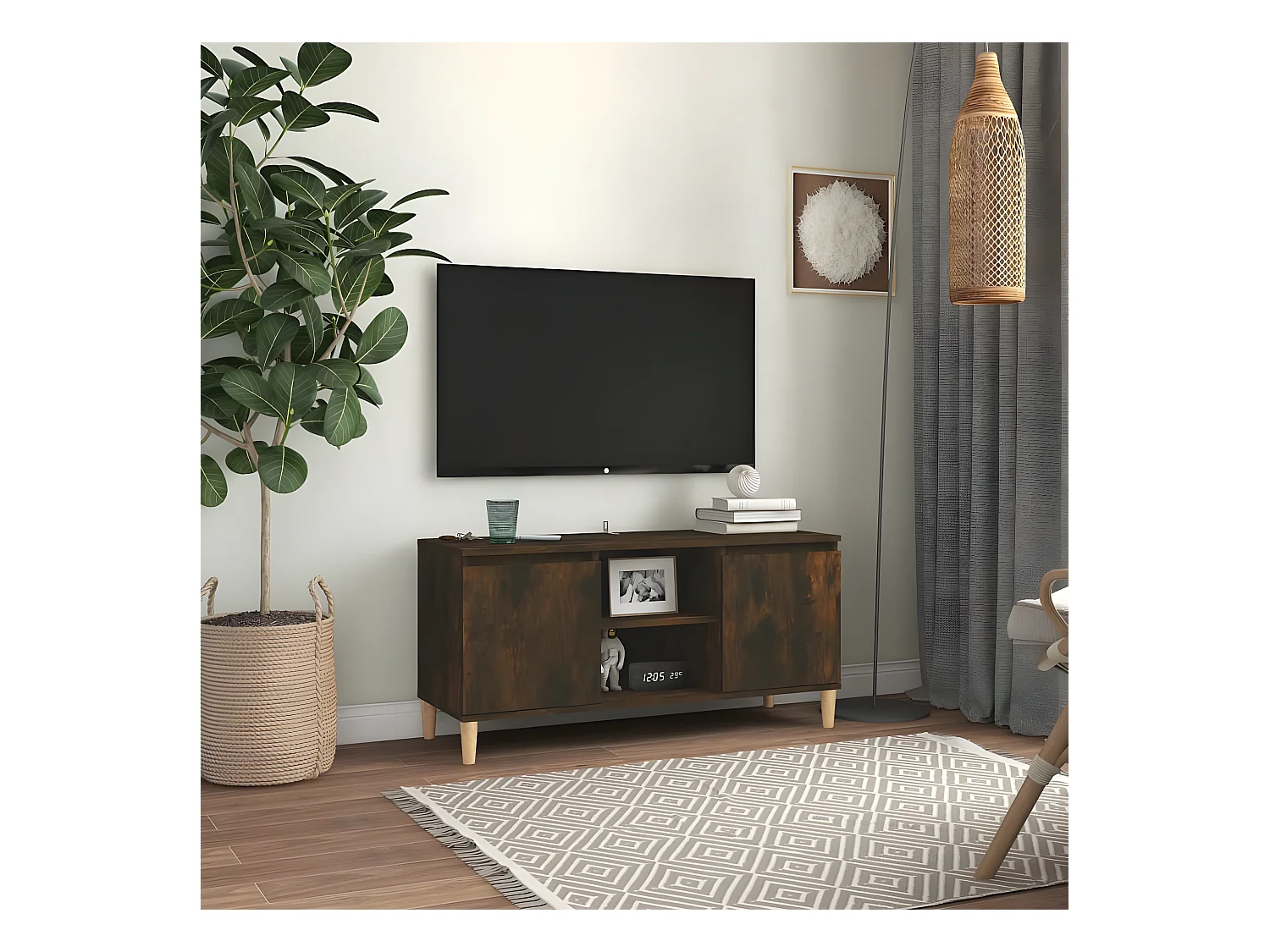 Mobile TV con gambe in legno massello Rovere affumicato 103,5x35x50 cm