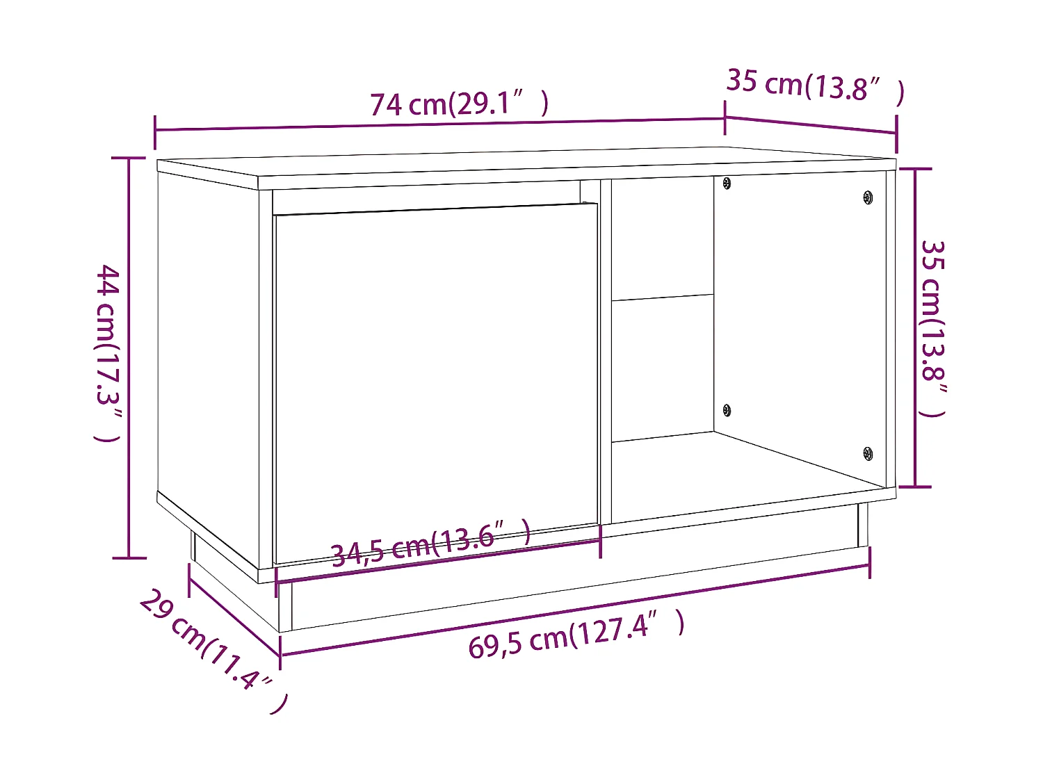 Mueble TV negro 74x35x44 cm Madera maciza de pino