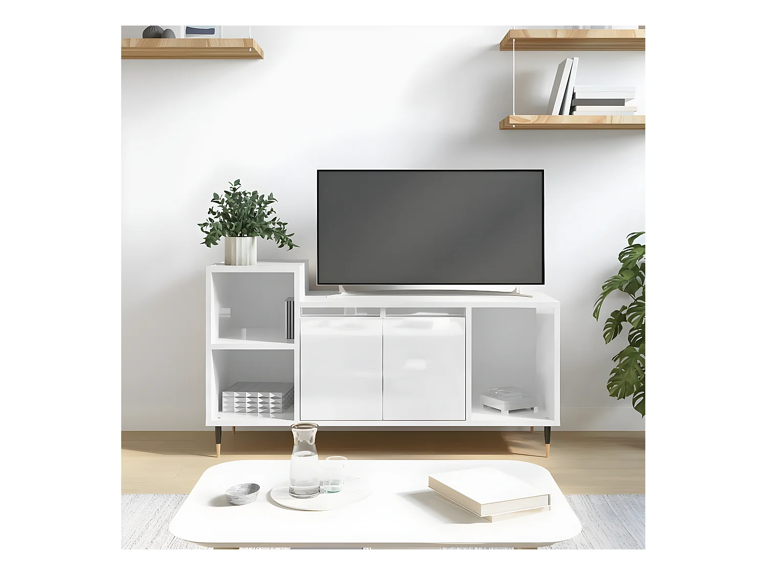 Meuble TV Blanc brillant 100x35x55 cm Bois d'ingénierie