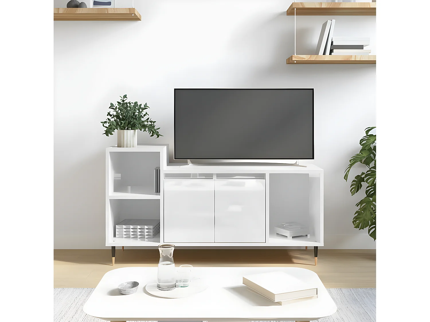 Meuble TV Blanc brillant 100x35x55 cm Bois d'ingénierie