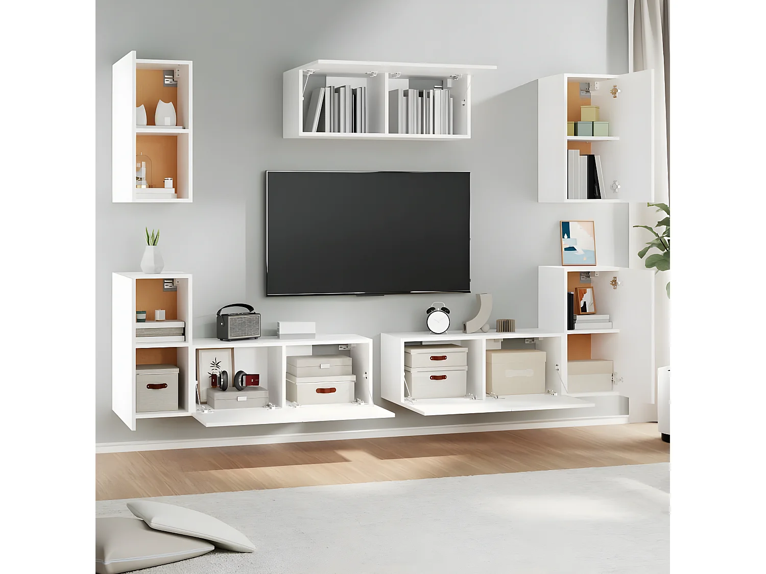 Set supporto TV da 7 pezzi in MDF bianco