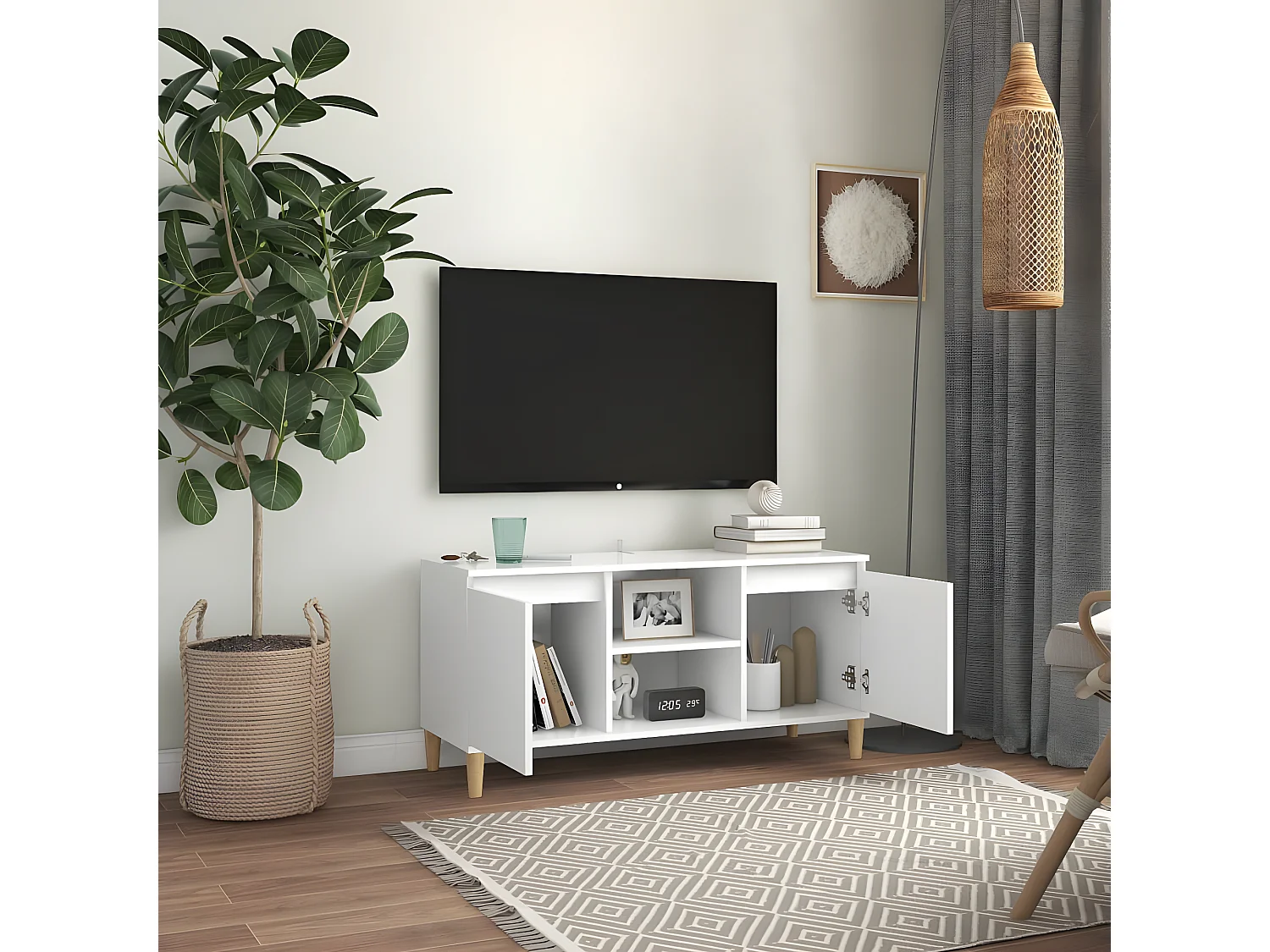 Mueble TV con patas de madera maciza Blanco 103,5x35x50 cm