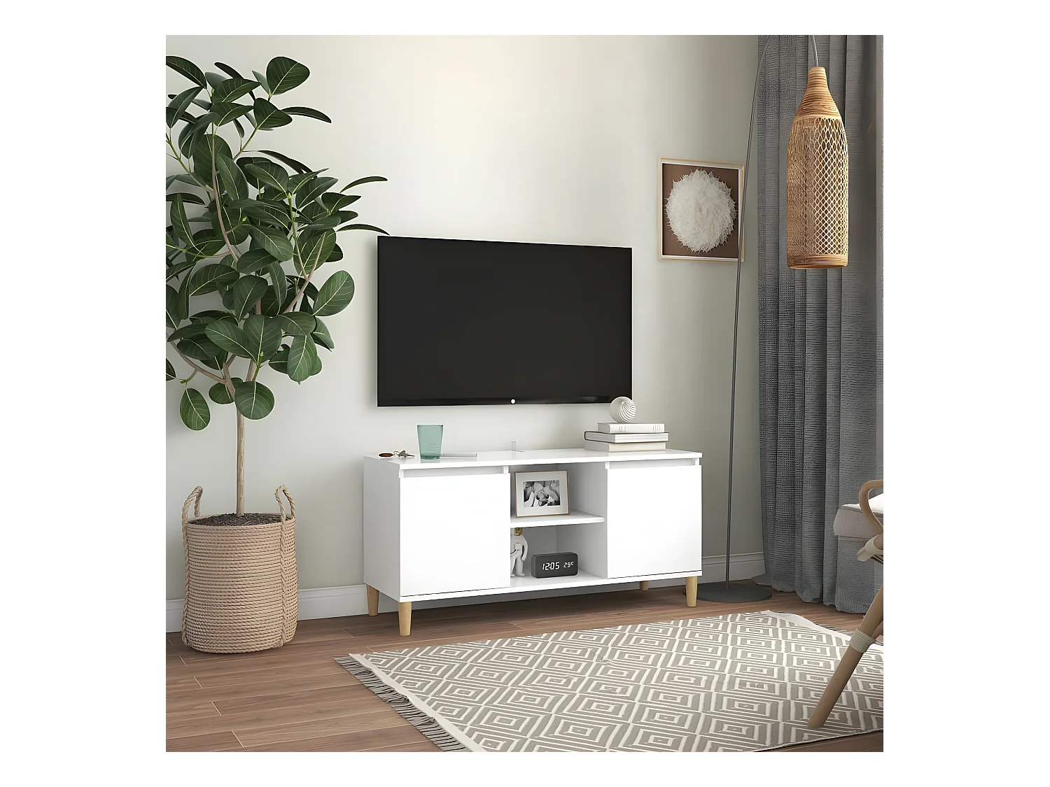 Meuble TV avec pieds en bois massif Blanc 103,5x35x50 cm