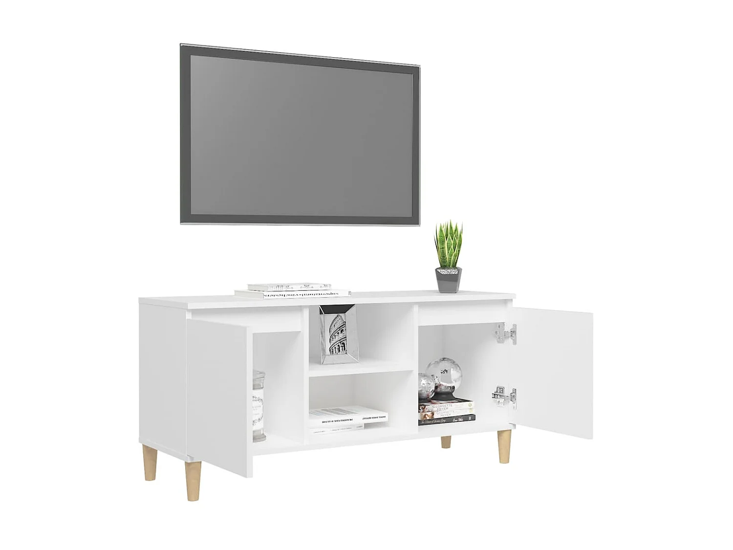 Meuble TV avec pieds en bois massif Blanc 103,5x35x50 cm