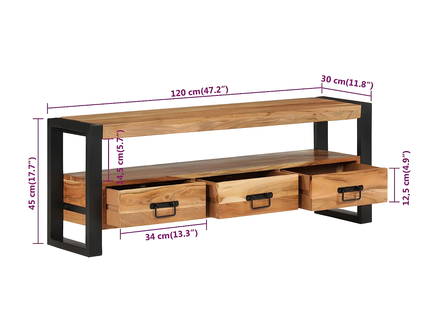 Meuble TV 120x30x45 cm bois d'acacia massif