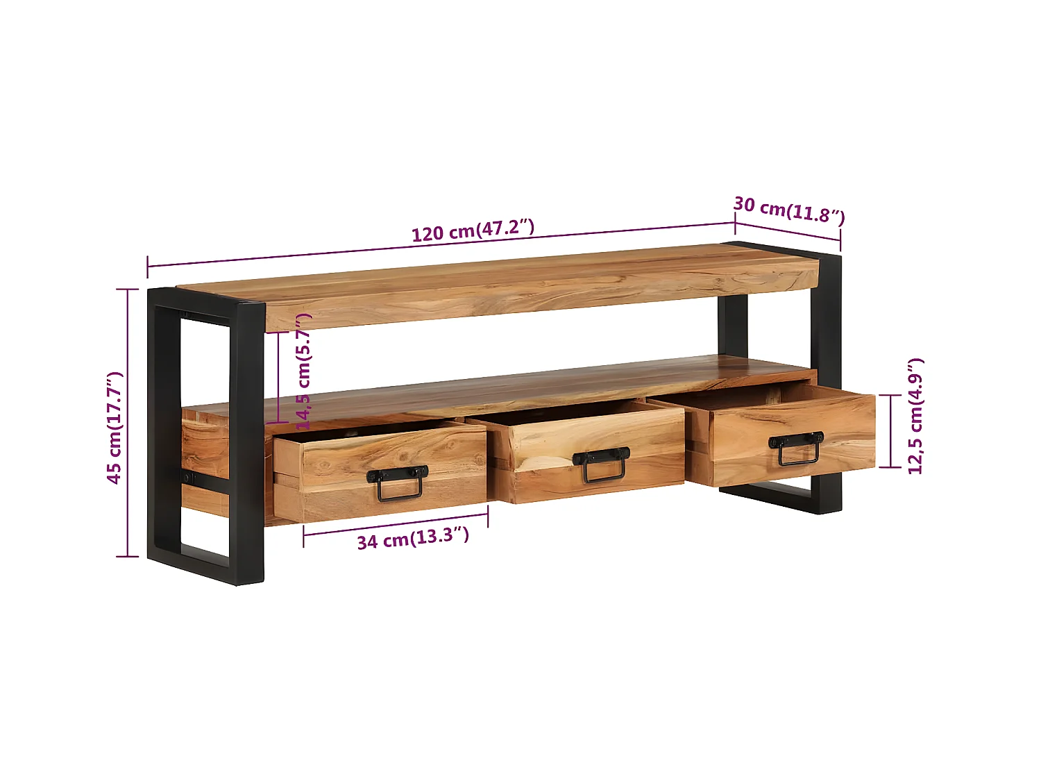 Meuble TV 120x30x45 cm bois d'acacia massif