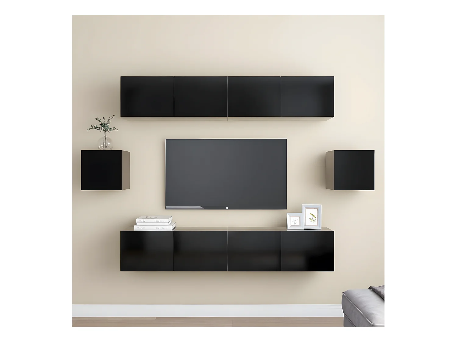 TV-Schrank-Set, 6-teilig, schwarze Spanplatte