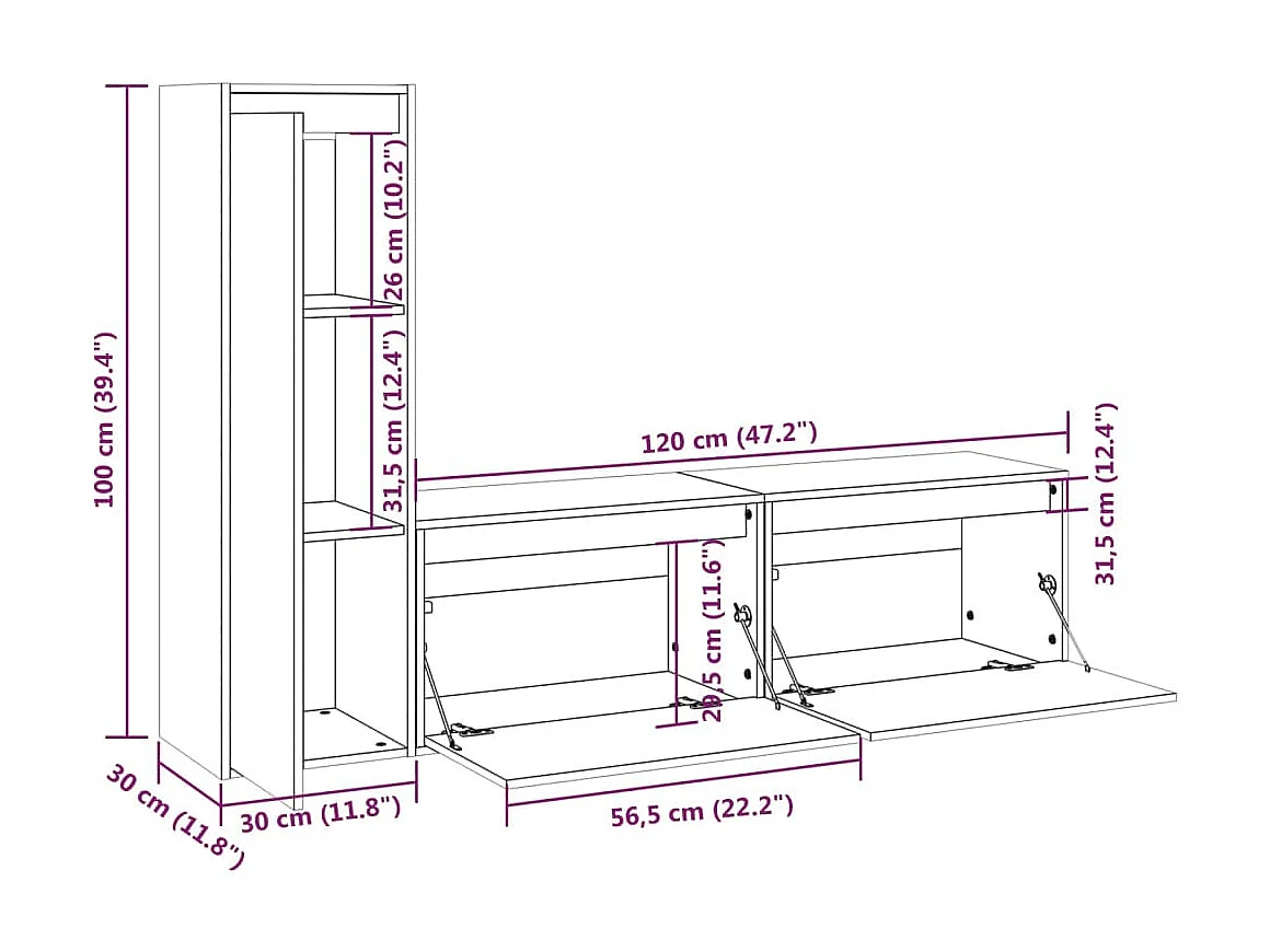 TV-meubel 3 stuks Wit Massief grenenhout