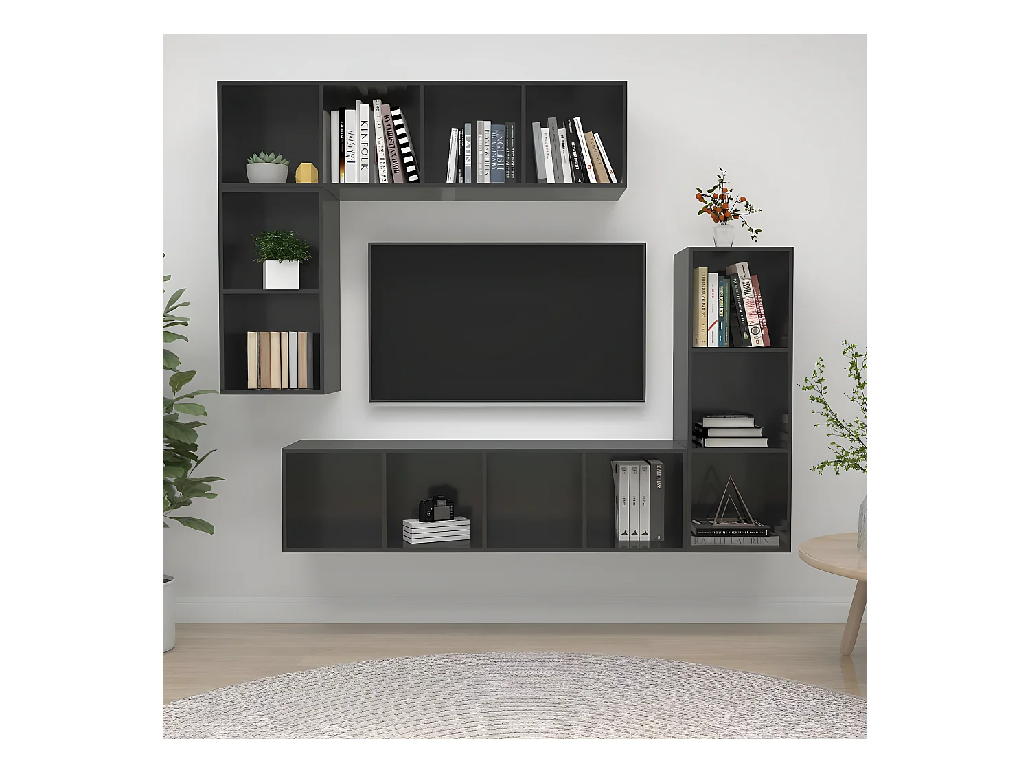 4-teiliges TV-Ständer-Set aus glänzend grauem Holzwerkstoff