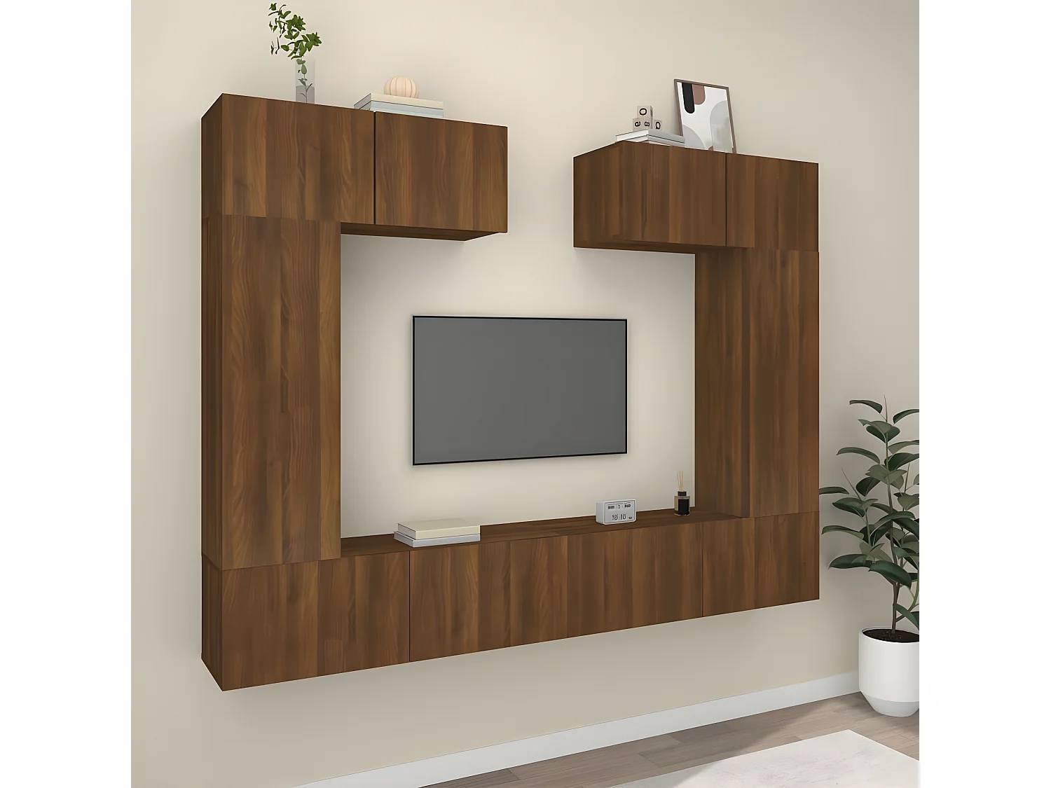 6-teiliges TV-Ständer-Set aus braunem Eichenholzwerkstoff