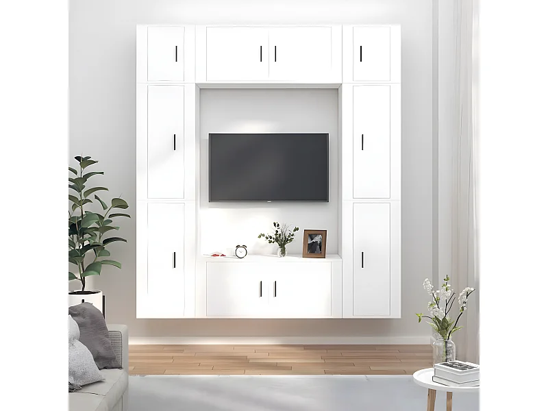 Juego de soporte para TV de 8 piezas de madera de ingeniería blanca