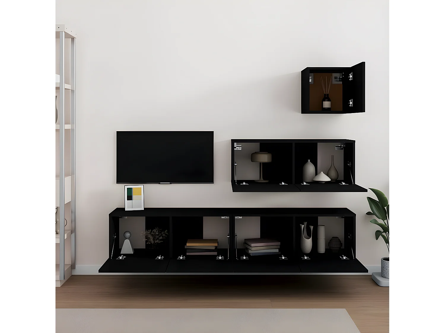 Juego de soporte para TV de 4 piezas de madera de ingeniería negra