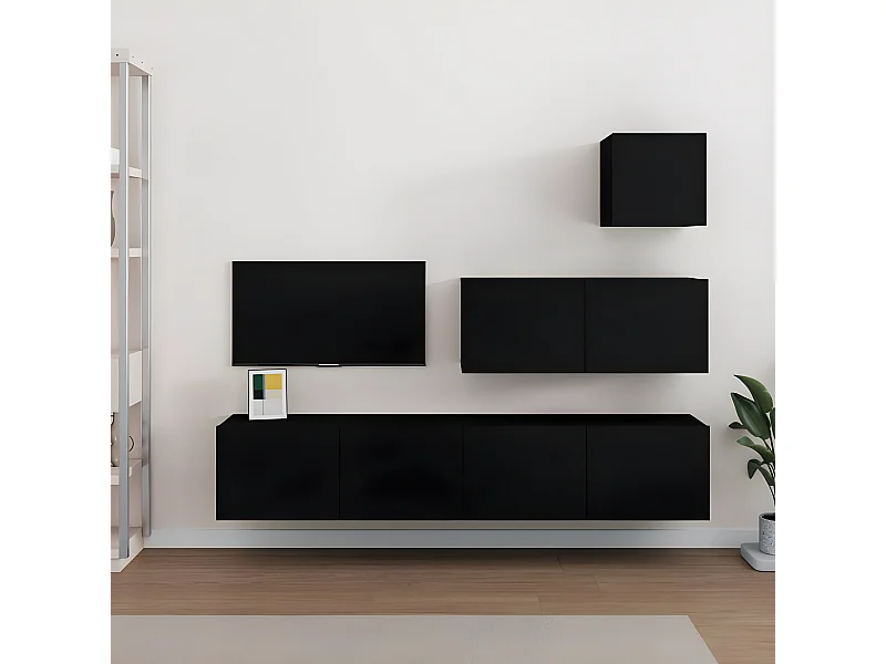 4-delige tv-standaardset zwart bewerkt hout