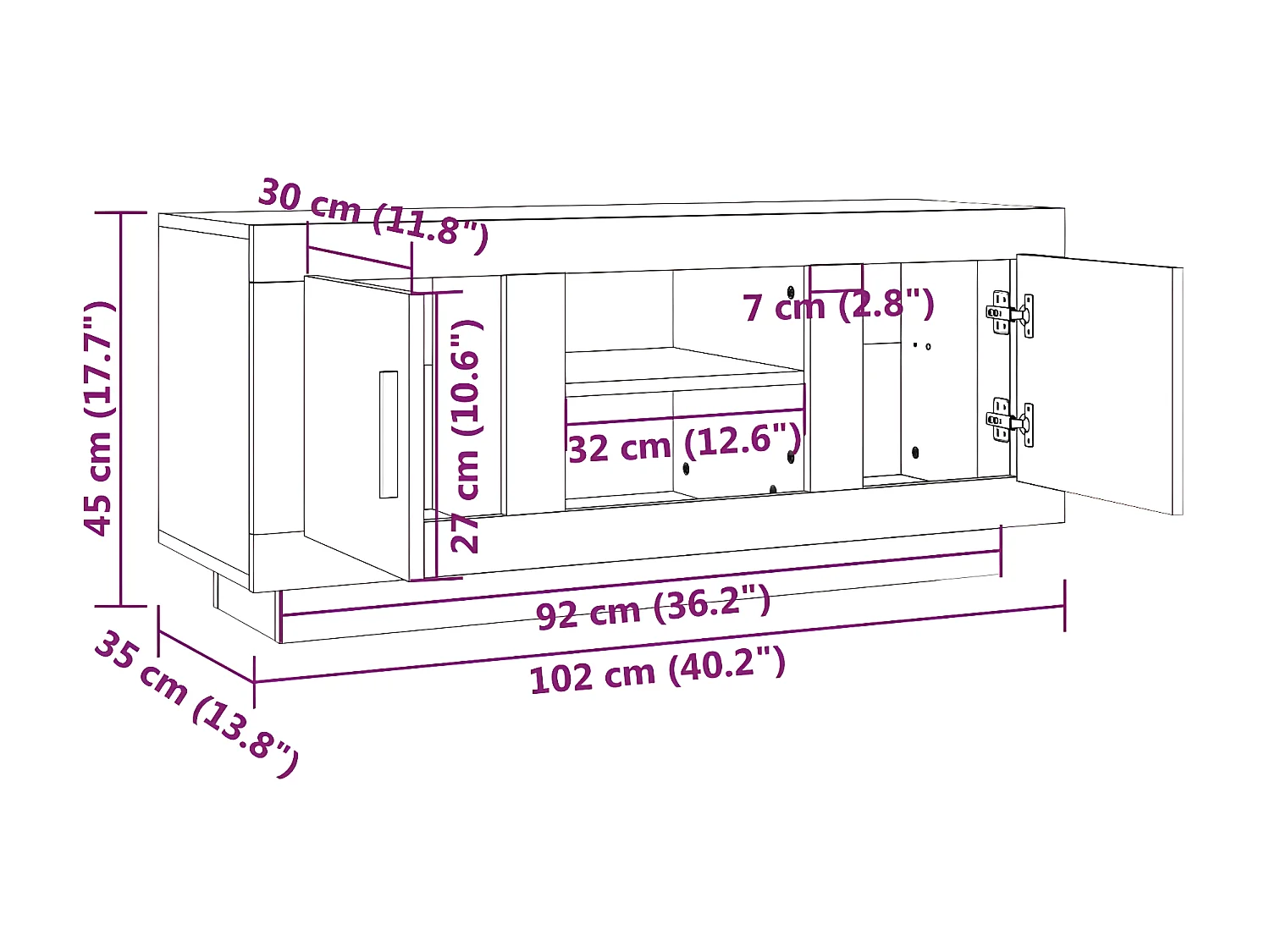 Meuble TV gris béton 102x35x45 cm bois d'ingénierie