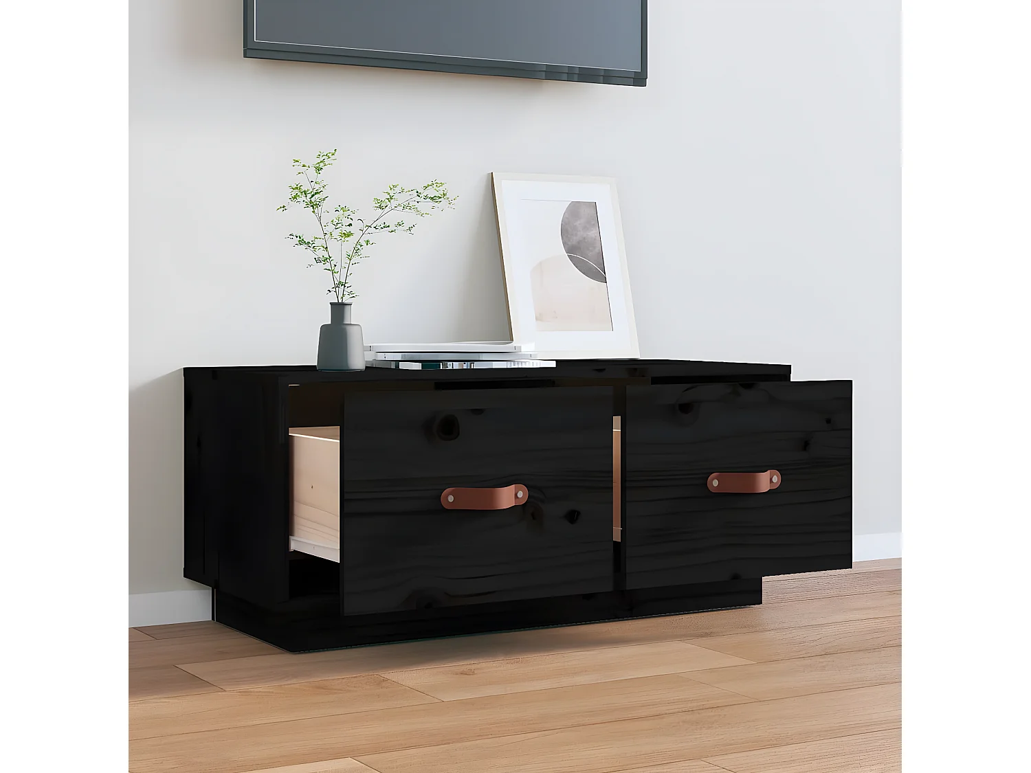 Móvel de TV preto 80x34x35 cm Madeira maciça de pinho
