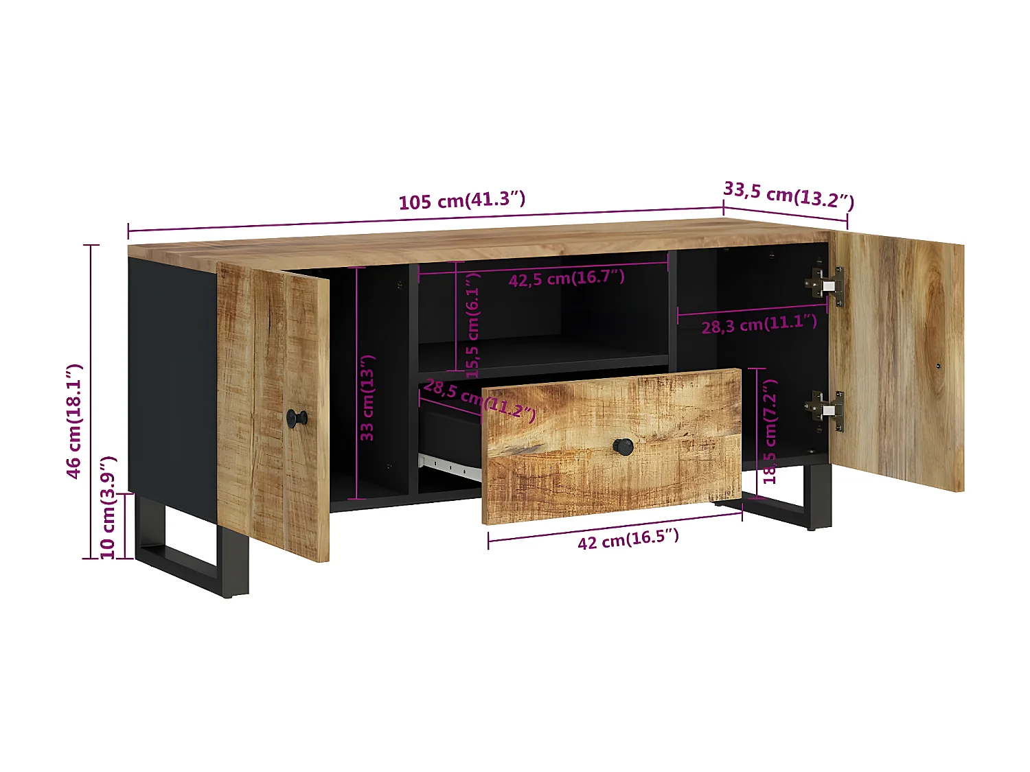 Mobile TV 105x33,5x46 cm in legno di mango e derivati del legno