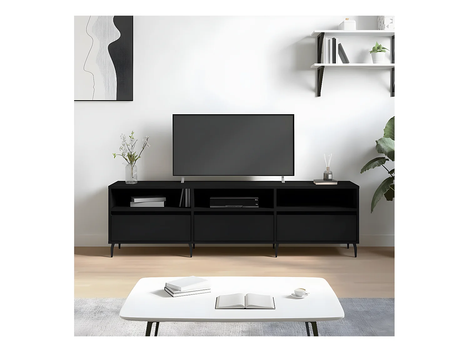 Meuble TV noir 150x30x44,5 cm bois d'ingénierie