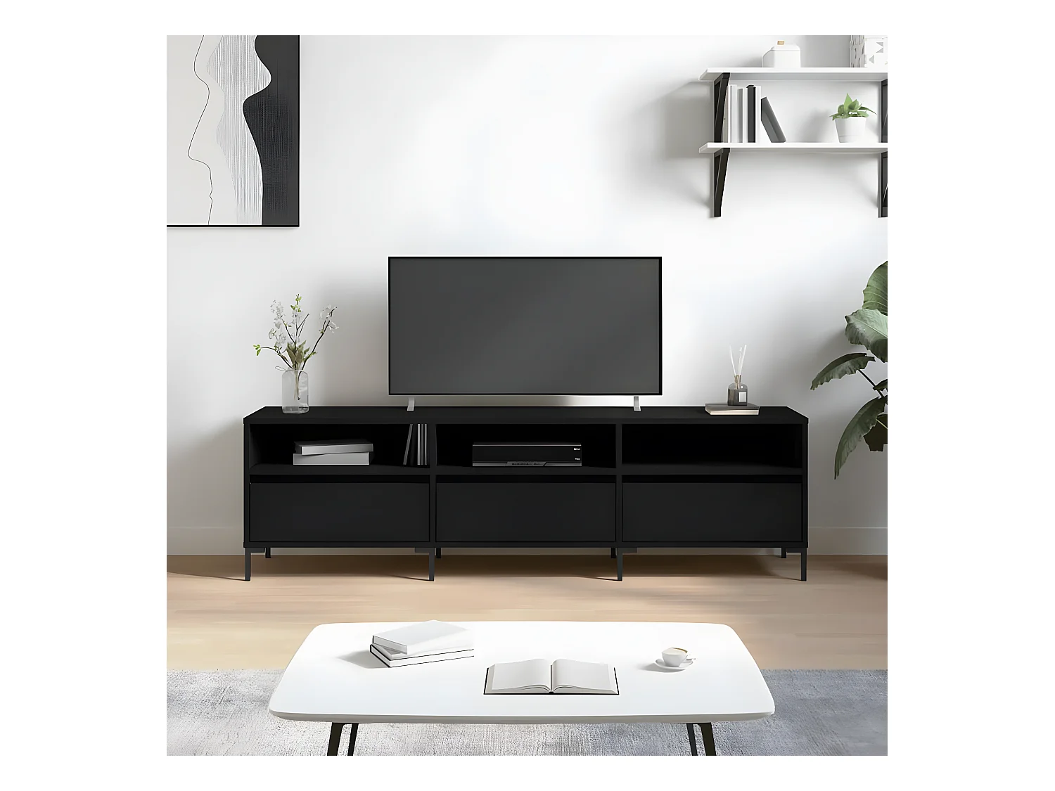 Meuble TV noir 150x30x44,5 cm bois d'ingénierie