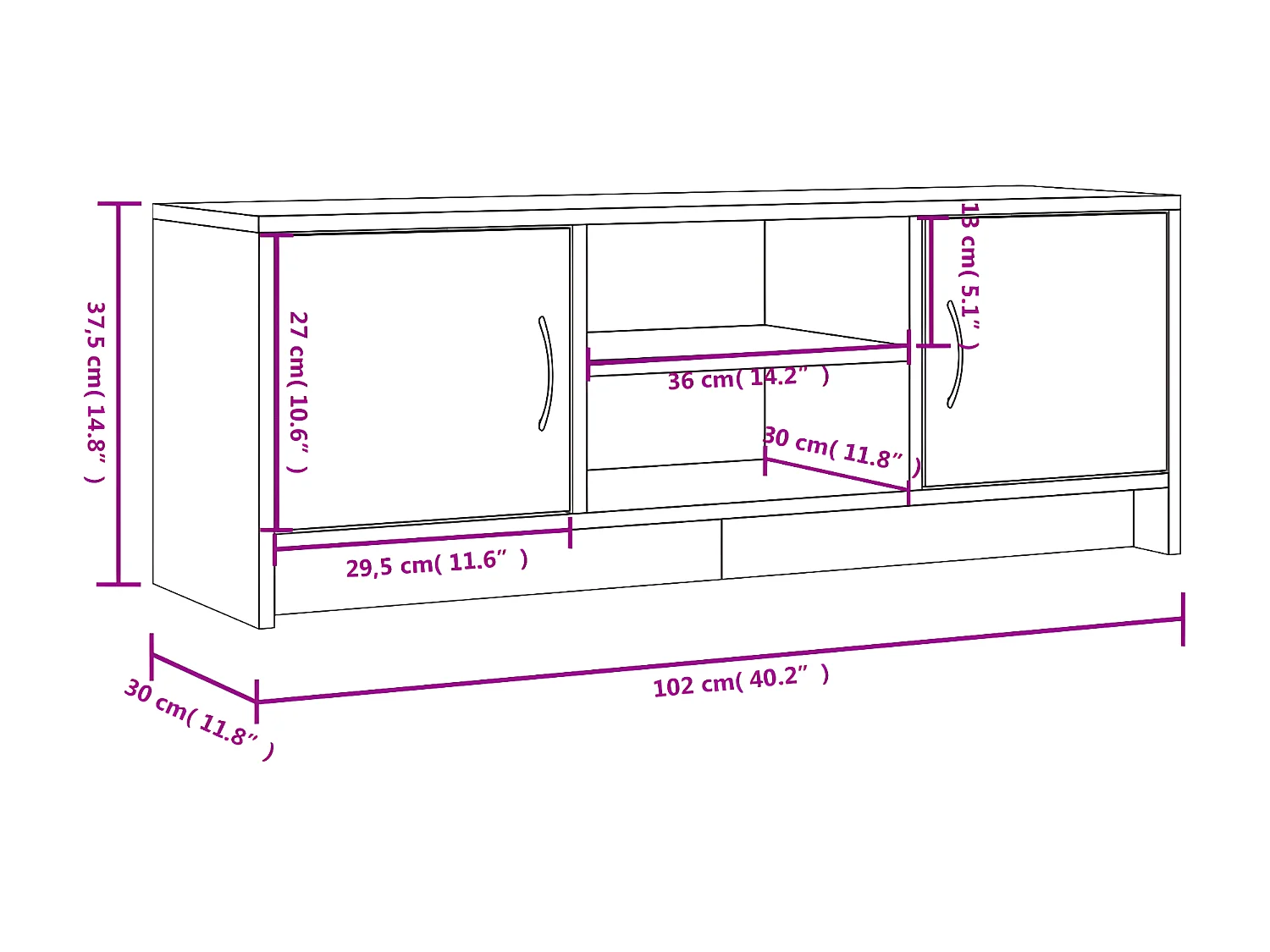 TV-Schrank aus geräucherter Eiche, 102 x 30 x 37,5 cm, Holzwerkstoff
