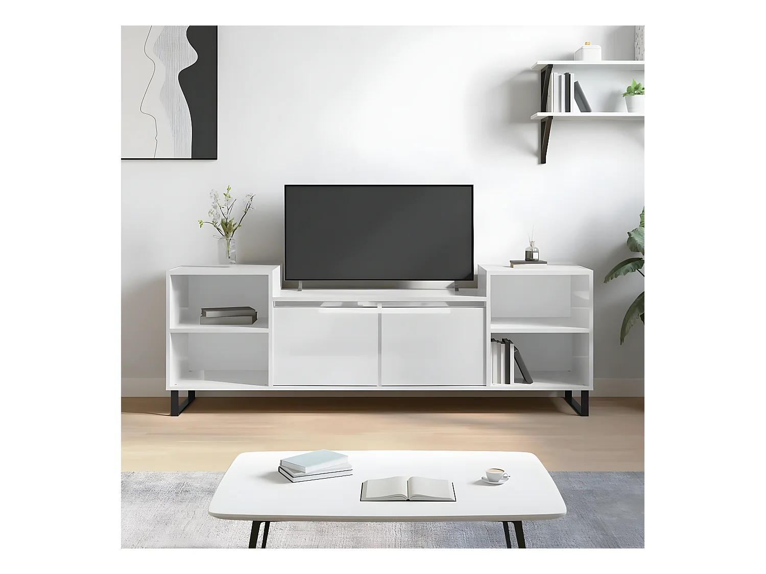 Meuble TV Blanc brillant 160x35x55 cm Bois d'ingénierie