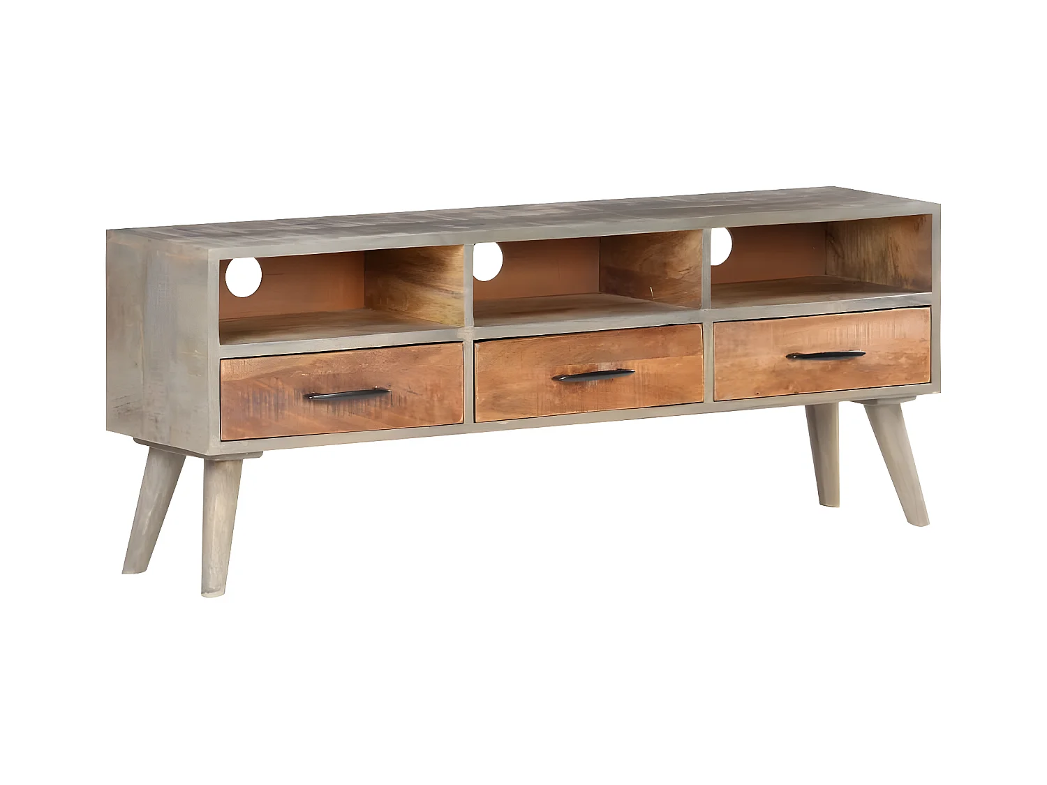Mobile TV grigio 130x35x51 cm Legno massello di mango grezzo