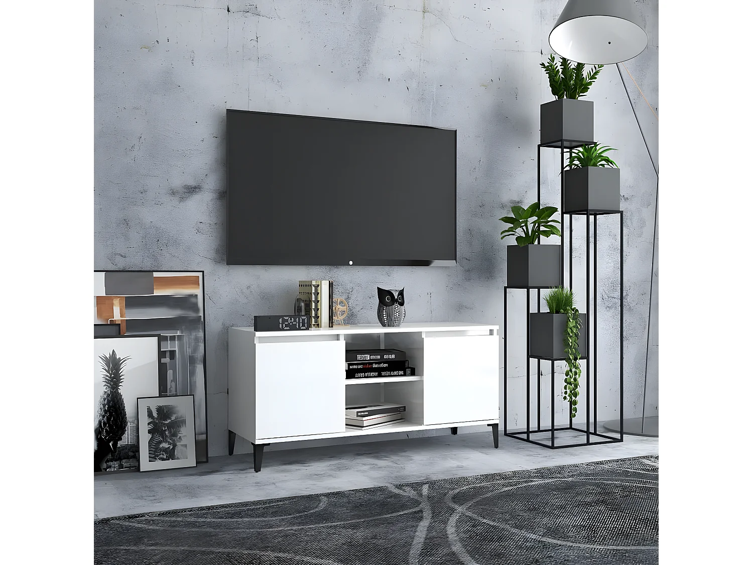 Meuble TV avec pieds en métal Blanc brillant 103,5x35x50 cm