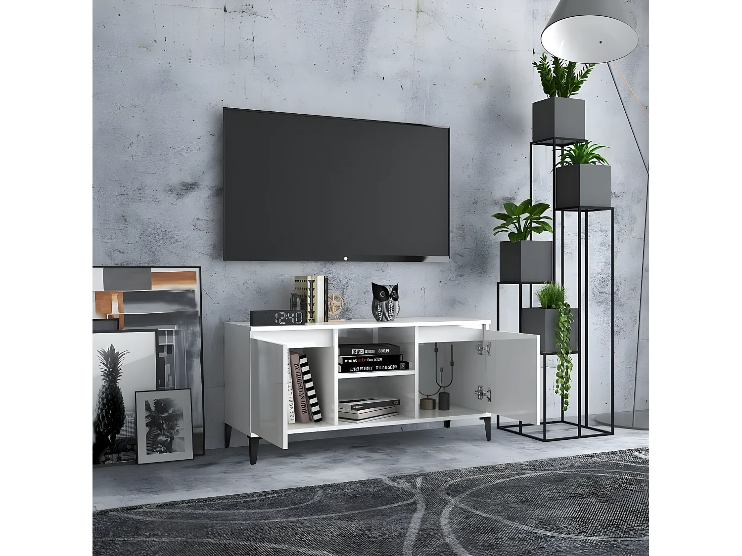 Meuble TV avec pieds en métal Blanc brillant 103,5x35x50 cm