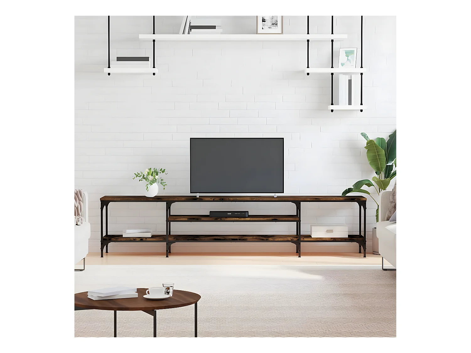 Meuble TV chêne fumé 201x35x45 cm bois d'ingénierie et fer