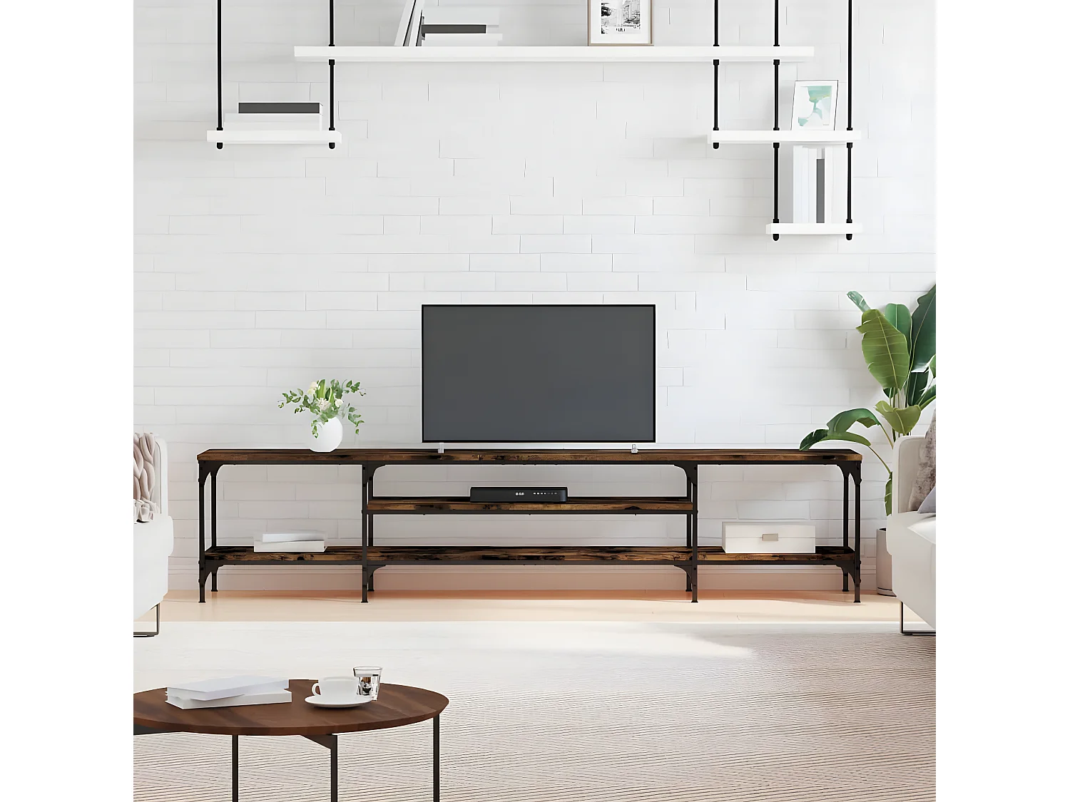 Meuble TV chêne fumé 201x35x45 cm bois d'ingénierie et fer